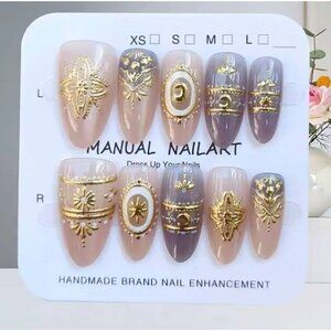 Handmade Press On Nails Gel Almond Blue Baroque Trendy Star Moon Celestial Mediu